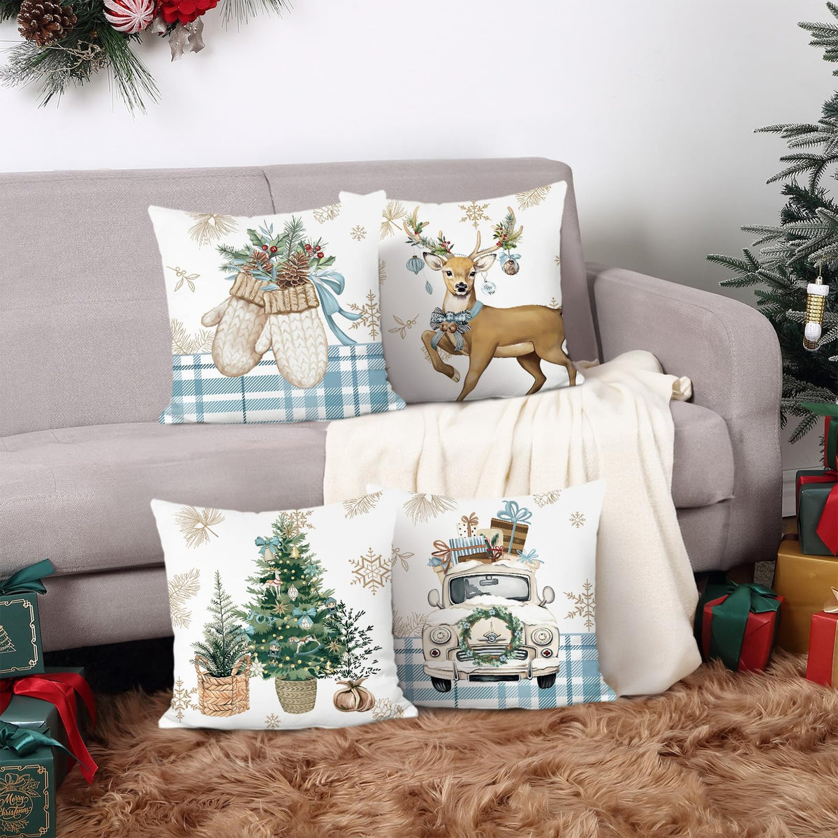Christmas Throw Pillow Covers 18x18 Inch Reindeer Xmas Tree Truck Gloves Blue Winter