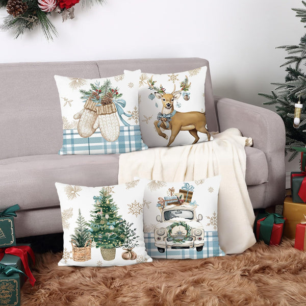 Christmas Throw Pillow Covers 18x18 Inch Reindeer Xmas Tree Truck Gloves Blue Winter