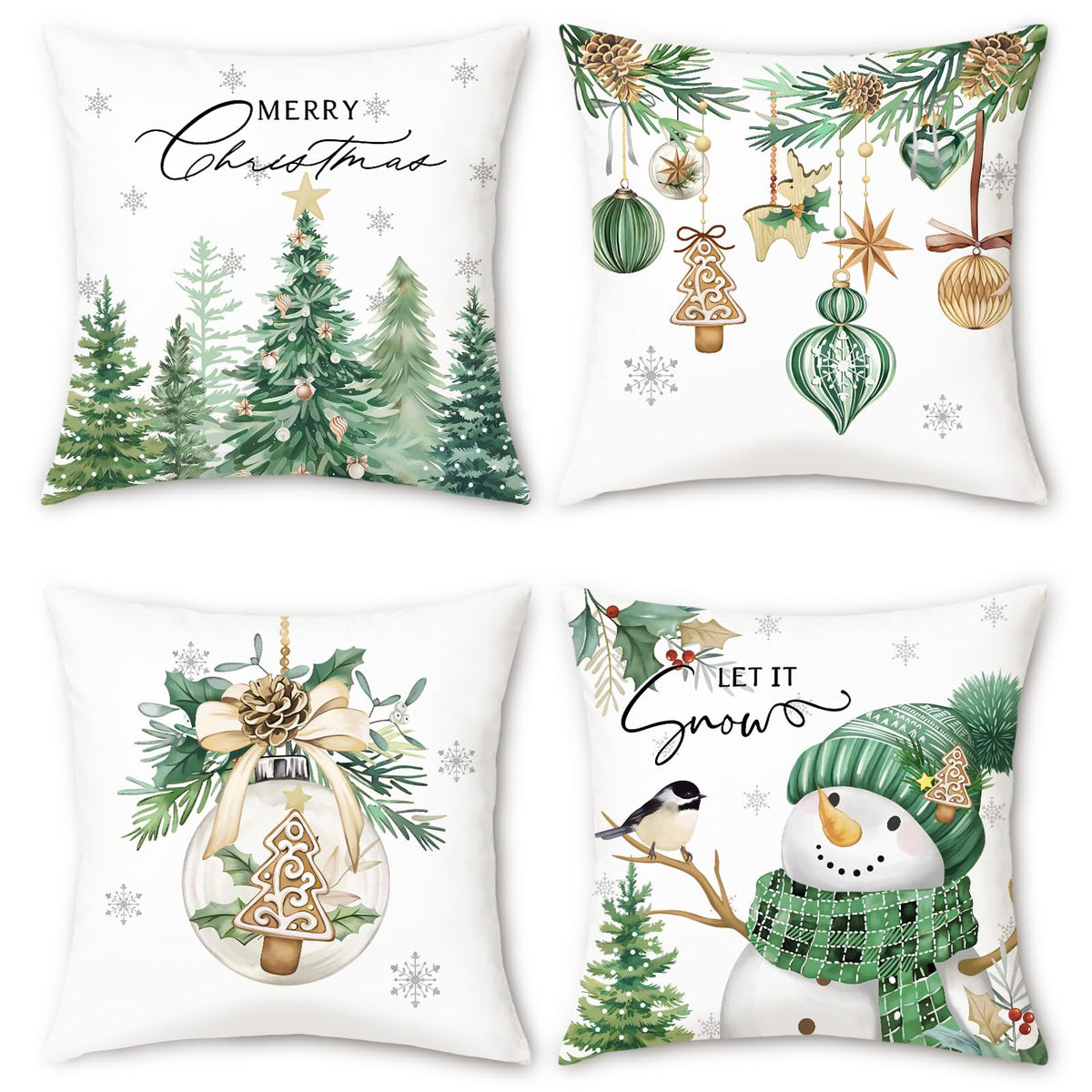 Merry Christmas Throw Pillow Covers 18x18 Inch Green Pine Trees Snowman Xmas Balls Ornaments