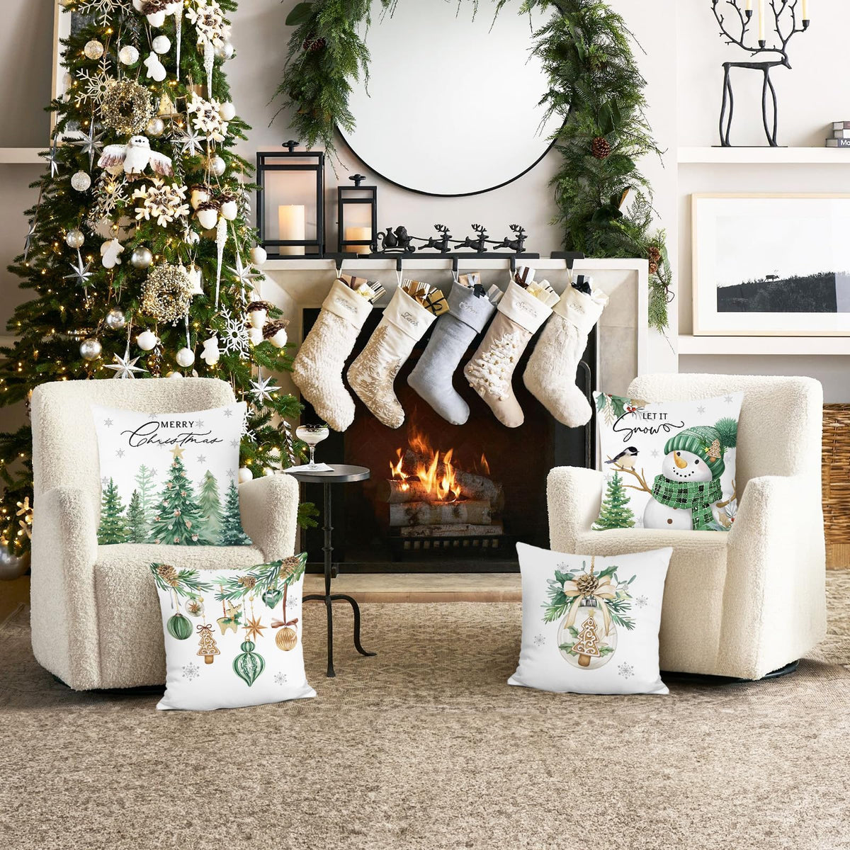 Merry Christmas Throw Pillow Covers 18x18 Inch Green Pine Trees Snowman Xmas Balls Ornaments
