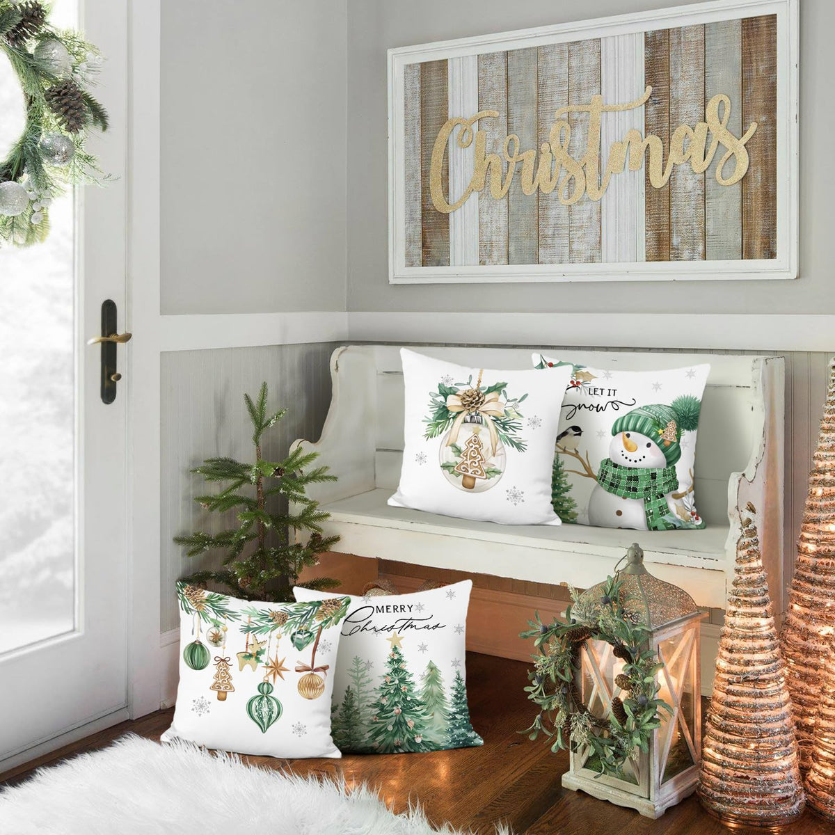 Merry Christmas Throw Pillow Covers 18x18 Inch Green Pine Trees Snowman Xmas Balls Ornaments