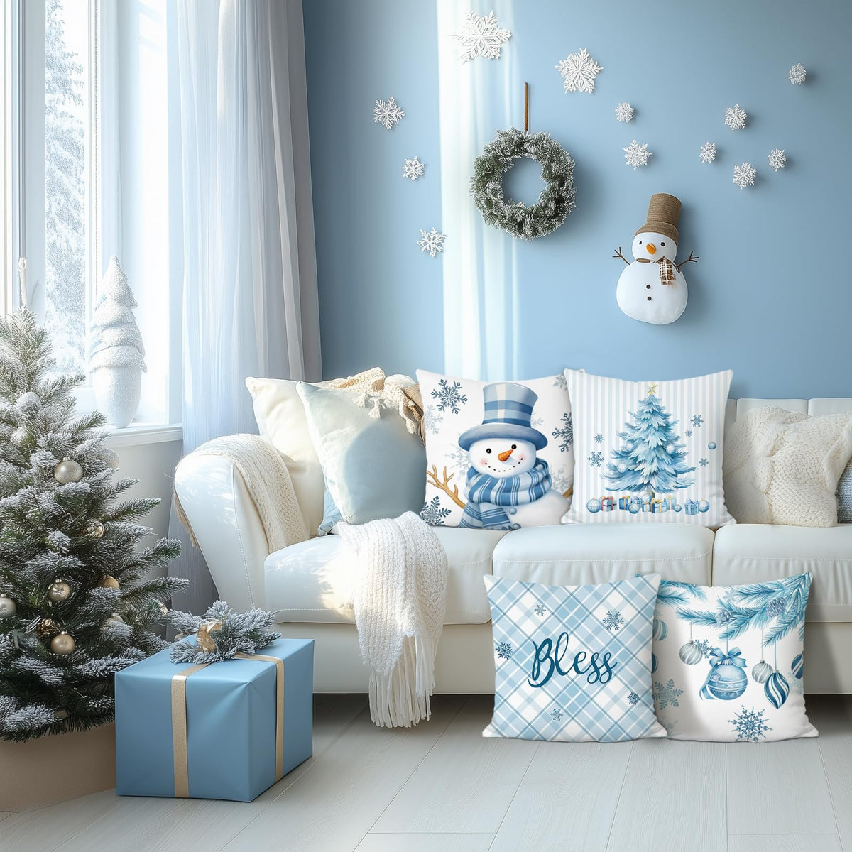 Winter Throw Pillow Covers 18 x 18 Inch Snowman Snowflakes Stripes Plaid Blue