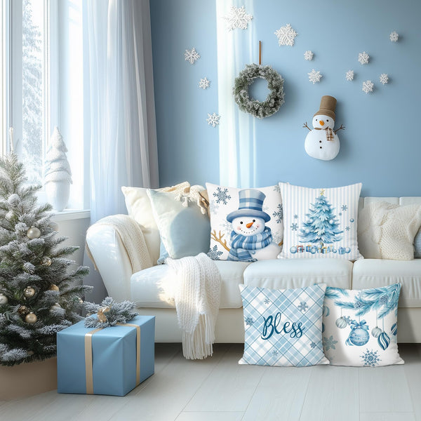 Winter Throw Pillow Covers 18 x 18 Inch Snowman Snowflakes Stripes Plaid Blue