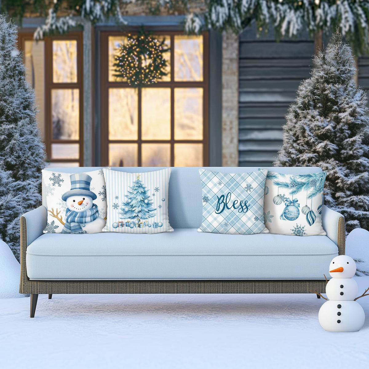 Winter Throw Pillow Covers 18 x 18 Inch Snowman Snowflakes Stripes Plaid Blue