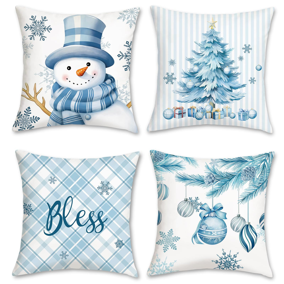 Winter Throw Pillow Covers 18 x 18 Inch Snowman Snowflakes Stripes Plaid Blue