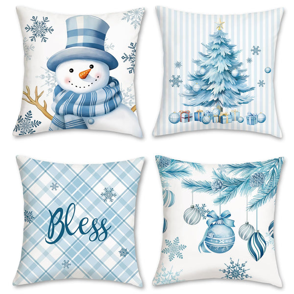 Winter Throw Pillow Covers 18 x 18 Inch Snowman Snowflakes Stripes Plaid Blue