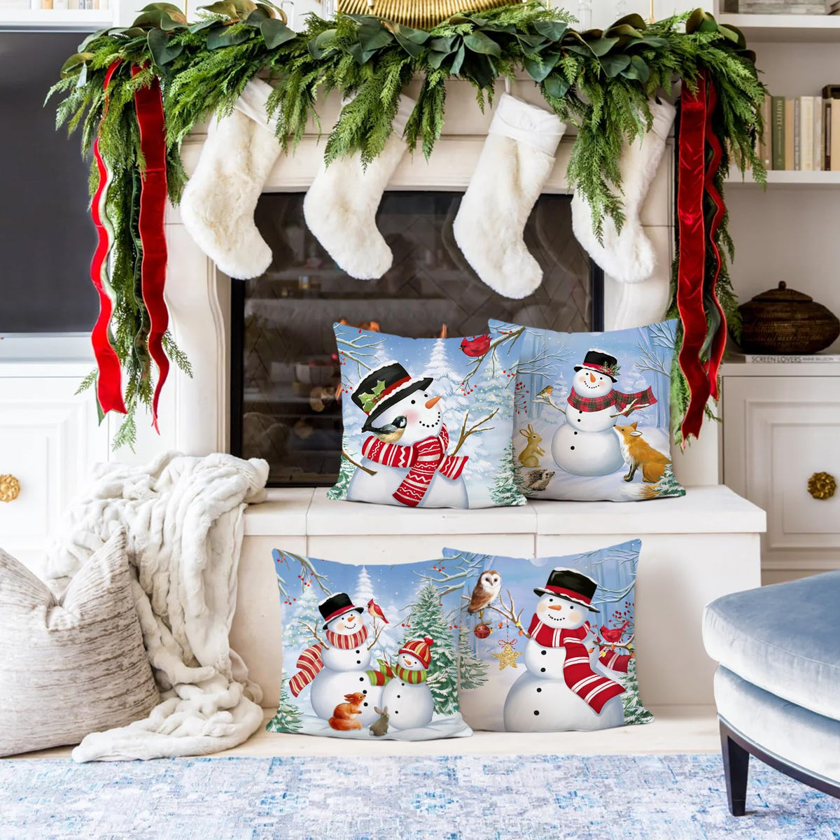 Christmas Winter Snowman Throw Pillow Covers 18x18 Inch Snowy Forest Pine Tree