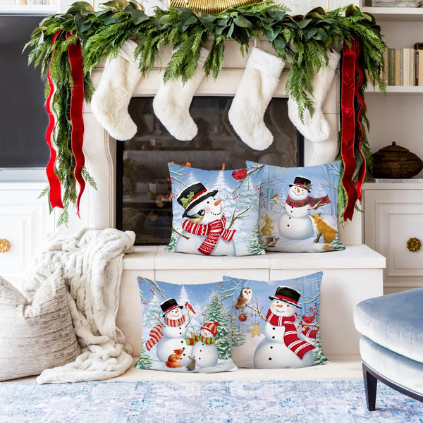 Christmas Winter Snowman Throw Pillow Covers 18x18 Inch Snowy Forest Pine Tree