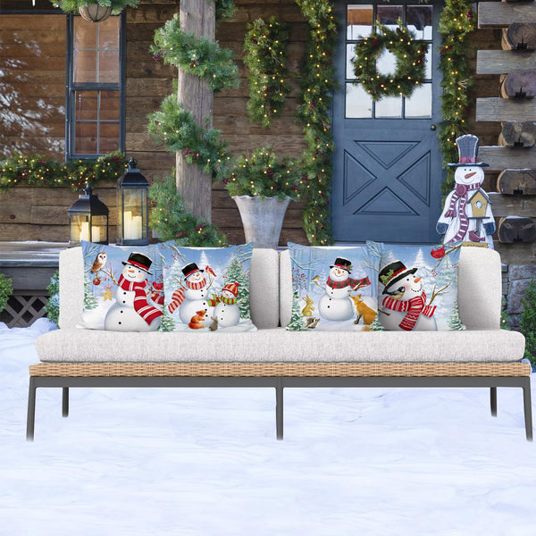 Christmas Winter Snowman Throw Pillow Covers 18x18 Inch Snowy Forest Pine Tree