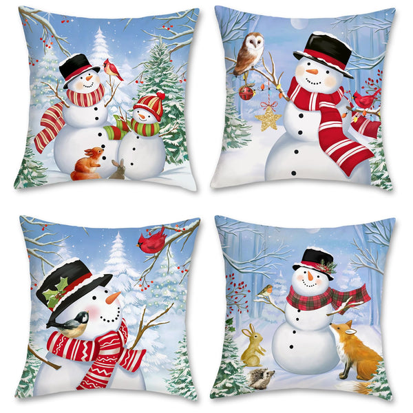 Christmas Winter Snowman Throw Pillow Covers 18x18 Inch Snowy Forest Pine Tree