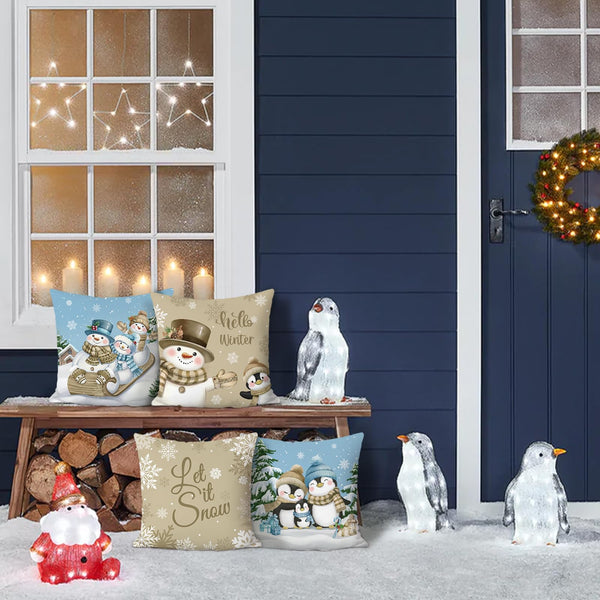 Hello Winter Throw Pillow Covers 18 x 18 Inch Snowman Penguin Snowflake Khaki Blue