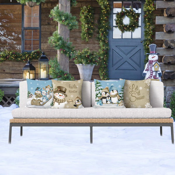 Hello Winter Throw Pillow Covers 18 x 18 Inch Snowman Penguin Snowflake Khaki Blue