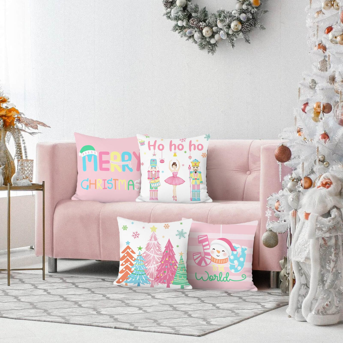 Merry Christmas Nutcrackers Throw Pillow Covers 18 x 18 Inch Xmas Tree Snowman Pink Decorative Pillows