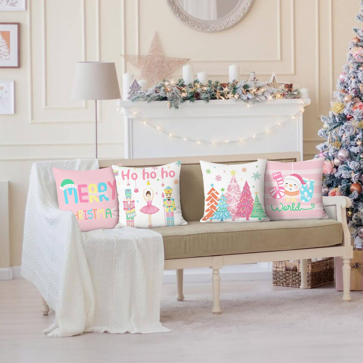 Merry Christmas Nutcrackers Throw Pillow Covers 18 x 18 Inch Xmas Tree Snowman Pink Decorative Pillows