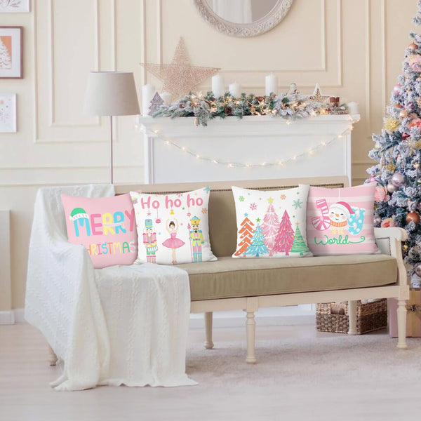 Merry Christmas Nutcrackers Throw Pillow Covers 18 x 18 Inch Xmas Tree Snowman Pink Decorative Pillows
