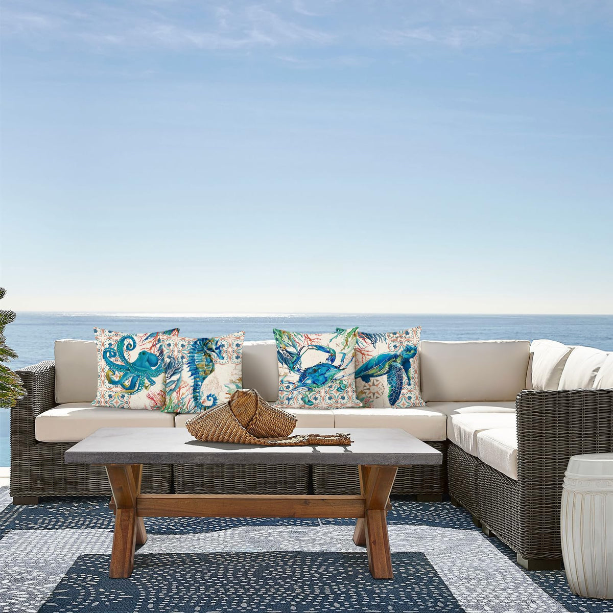 Nautical Coastal Ocean Throw Pillow Covers 18 x 18 Inch Set of 4 Sea Turtle Seahorse Octopus