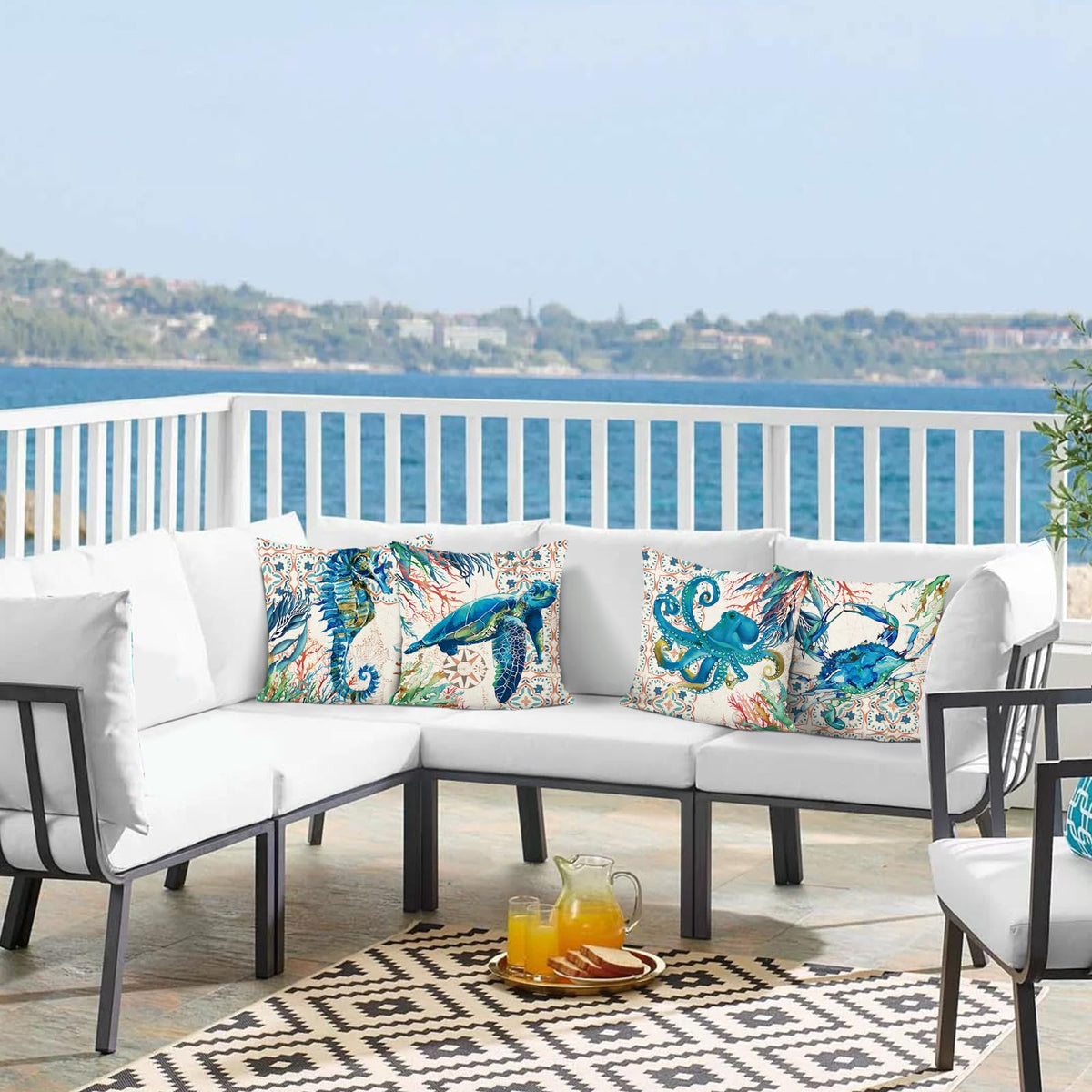 Nautical Coastal Ocean Throw Pillow Covers 18 x 18 Inch Set of 4 Sea Turtle Seahorse Octopus