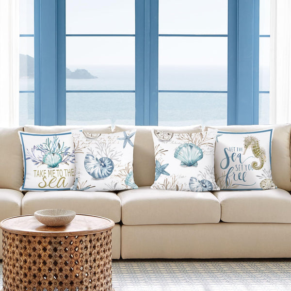 Nautical Coastal Throw Pillow Covers 18x18 Set of 4 Ocean Themed Beach Seashell Coral Starfish