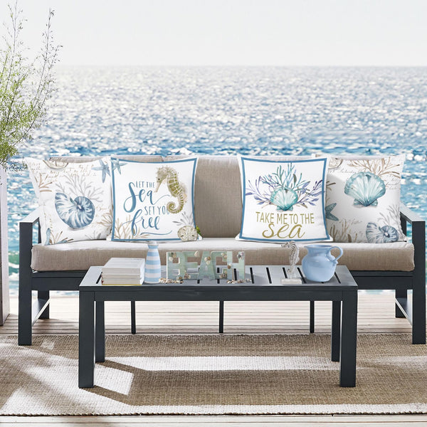 Nautical Coastal Throw Pillow Covers 18x18 Set of 4 Ocean Themed Beach Seashell Coral Starfish