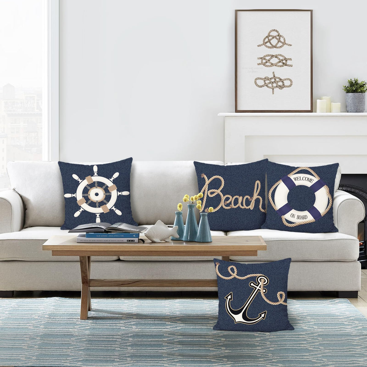 Nautical Pillow Covers 18 x 18 Inch Set of 4 Anchor Marine Denim Navy Blue