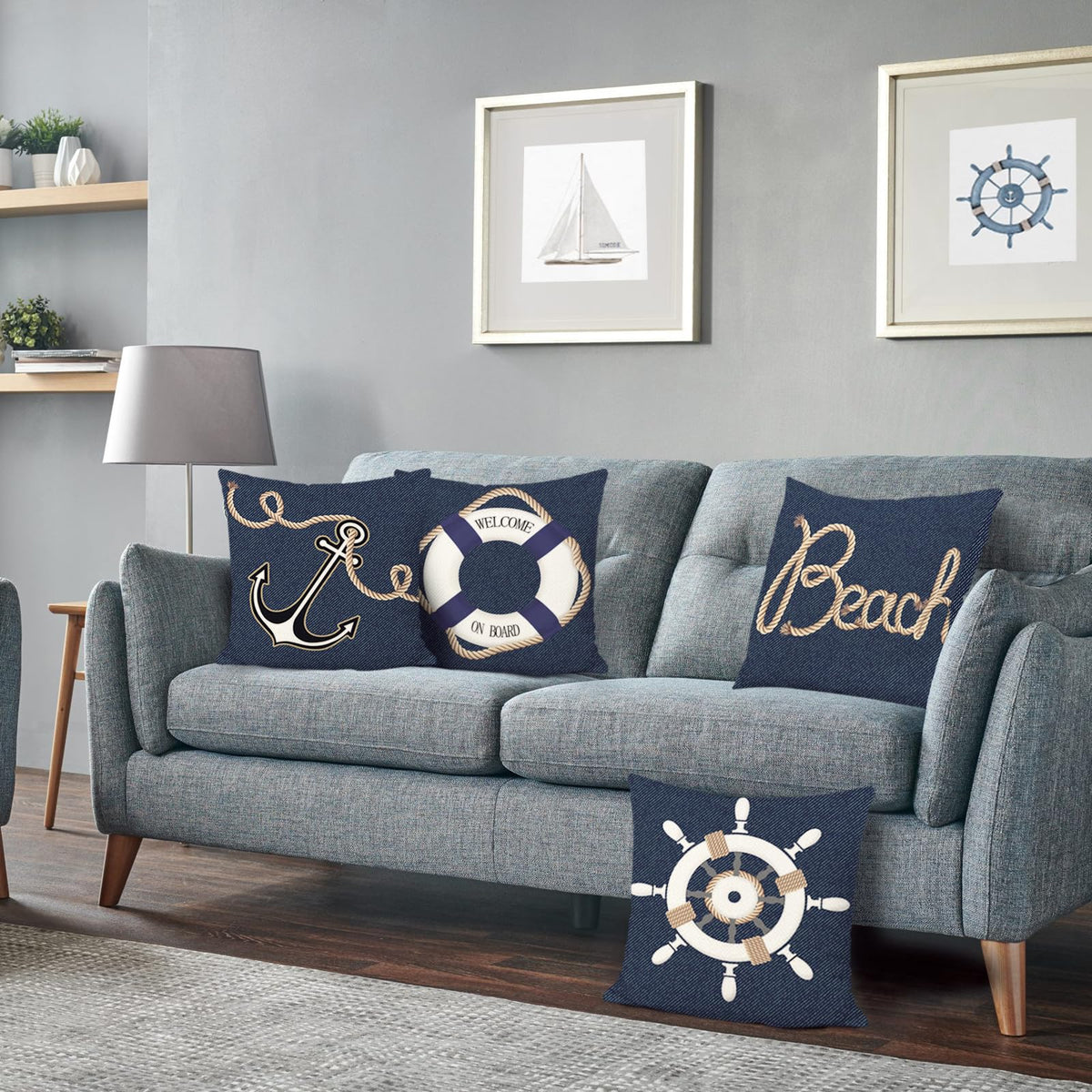Nautical Pillow Covers 18 x 18 Inch Set of 4 Anchor Marine Denim Navy Blue