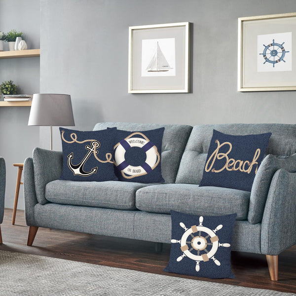 Nautical Pillow Covers 18 x 18 Inch Set of 4 Anchor Marine Denim Navy Blue