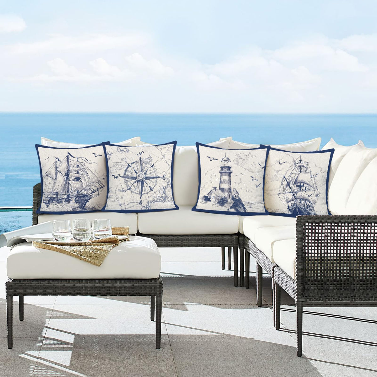 Nautical Sailing Throw Pillow Covers 18 x 18 Inch Set of 4 Sailboat Compass Lighthouse