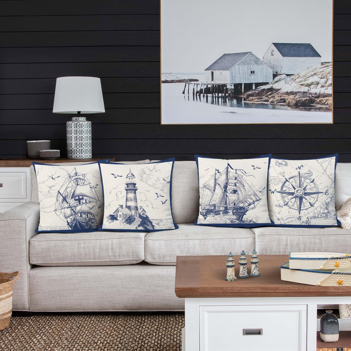 Nautical Sailing Throw Pillow Covers 18 x 18 Inch Set of 4 Sailboat Compass Lighthouse