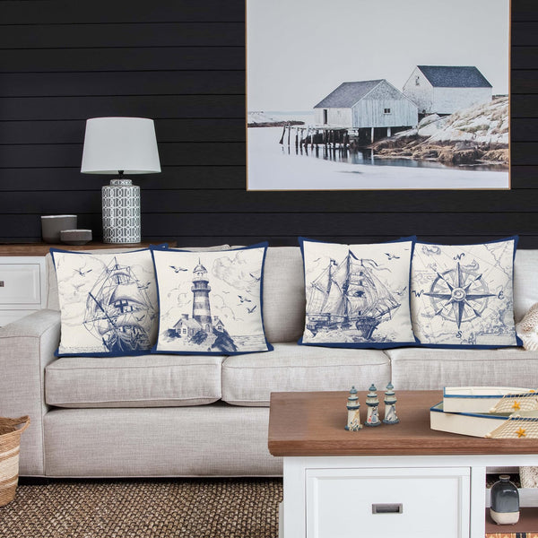 Nautical Sailing Throw Pillow Covers 18 x 18 Inch Set of 4 Sailboat Compass Lighthouse