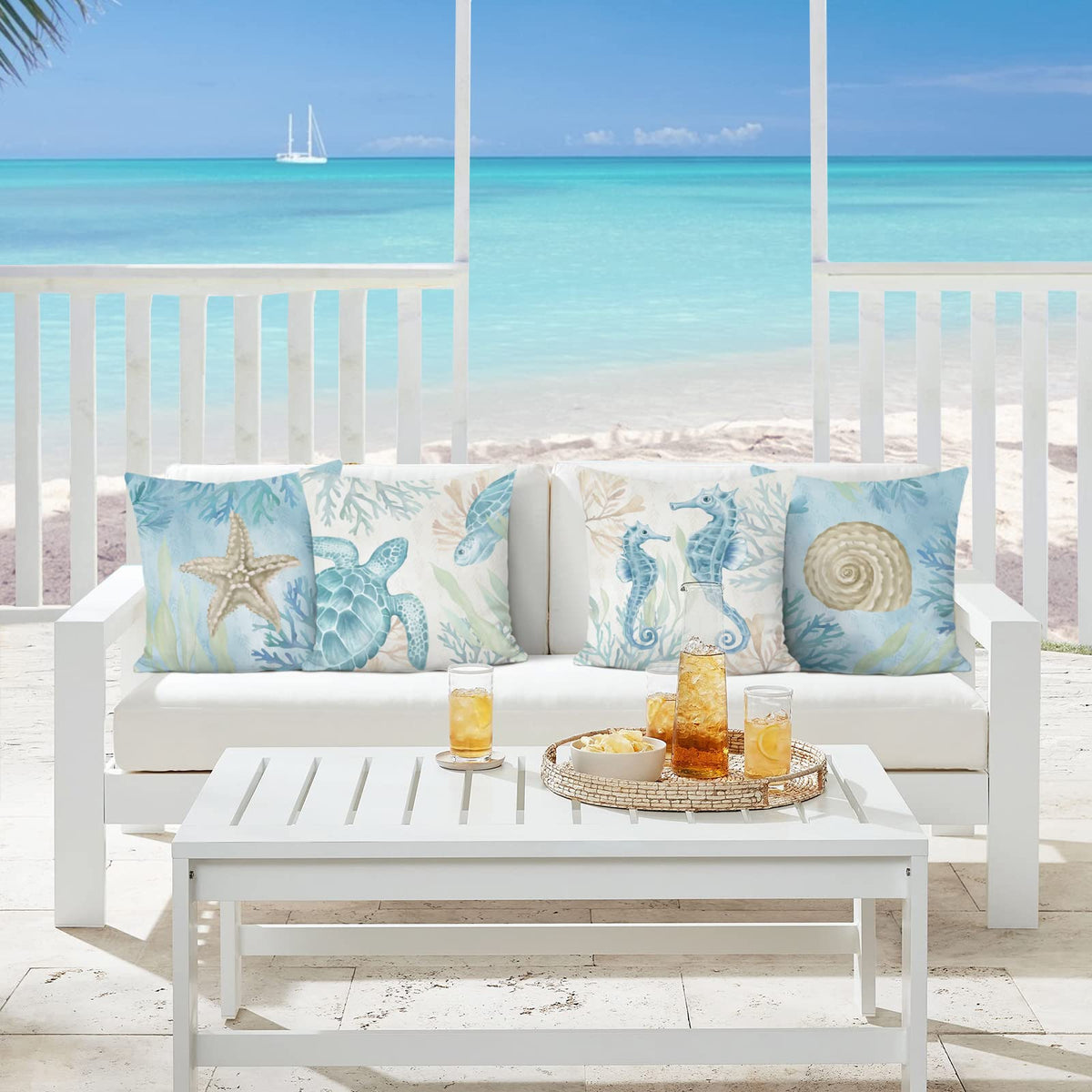 Ocean Beach Throw Pillow Covers 18 x 18 Inch Seahorse Turtle Starfish Coastal