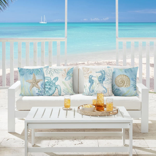 Ocean Beach Throw Pillow Covers 18 x 18 Inch Seahorse Turtle Starfish Coastal