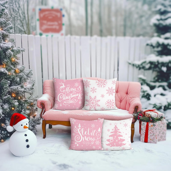 Pink Christmas Snowflakes Throw Pillow Covers 18x18 Inch Xmas Tree Let It Snow Winter Holiday