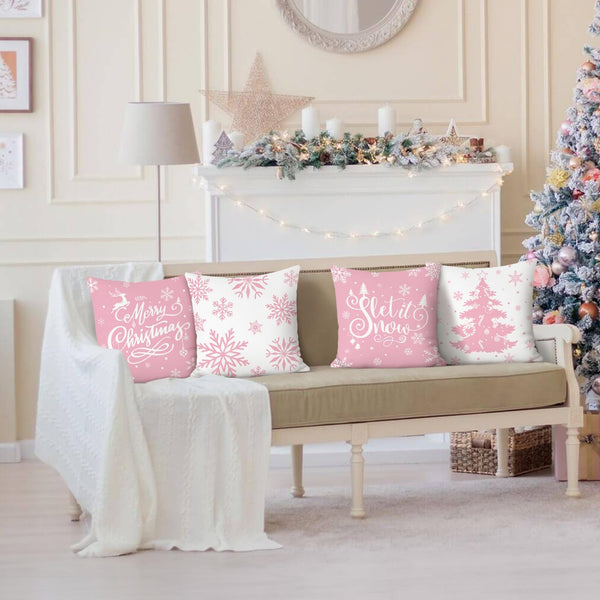 Pink Christmas Snowflakes Throw Pillow Covers 18x18 Inch Xmas Tree Let It Snow Winter Holiday
