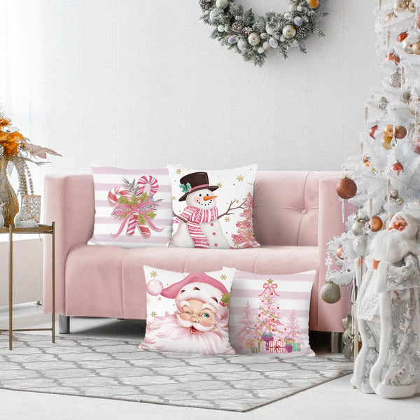 Pink Christmas Throw Pillow Covers 18x18 Inch Santa Claus Snowman Candy Cane Xmas Tree