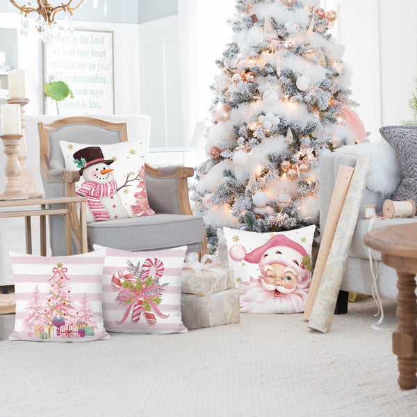 Pink Christmas Throw Pillow Covers 18x18 Inch Santa Claus Snowman Candy Cane Xmas Tree