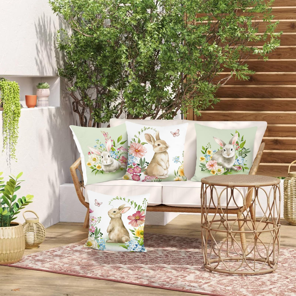 Spring Easter Bunny Throw Pillow Covers 18x18 Set of 4 Rabbit Decorative