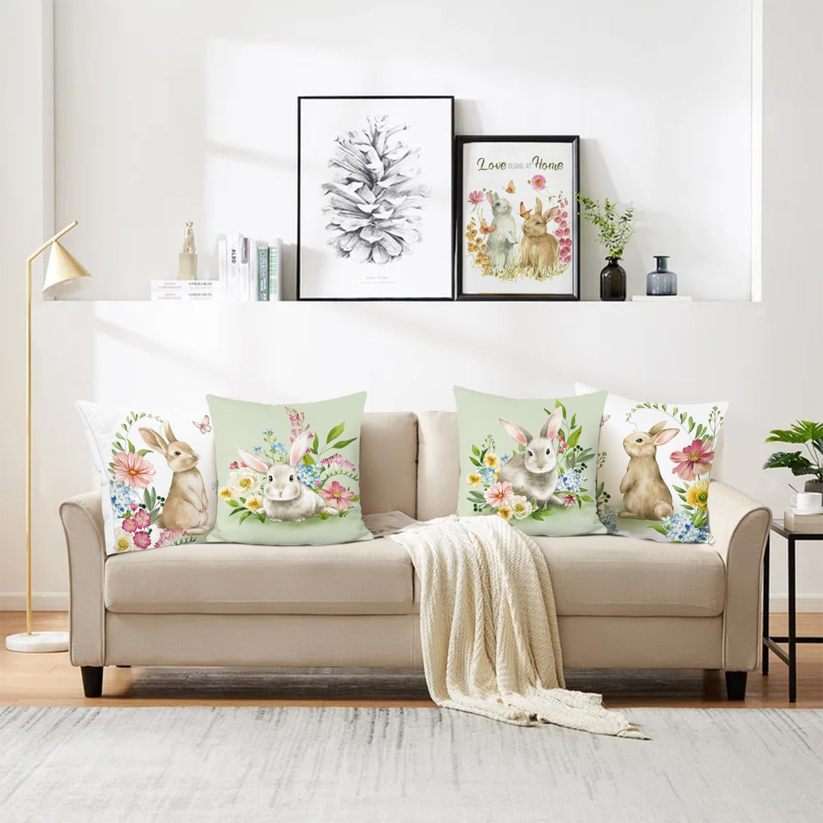 Spring Easter Bunny Throw Pillow Covers 18x18 Set of 4 Rabbit Decorative