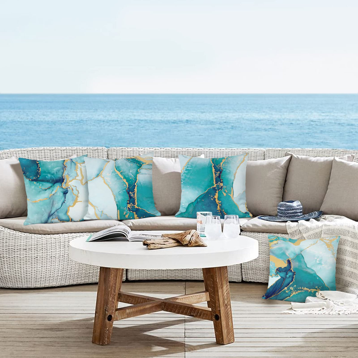 Turquoise Marble Throw Pillow Covers 18x18 Inch Set of 4 Two-Sided Teal Gold Abstract Art Modern