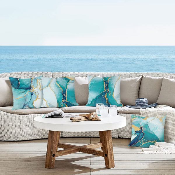 Turquoise Marble Throw Pillow Covers 18x18 Inch Set of 4 Two-Sided Teal Gold Abstract Art Modern