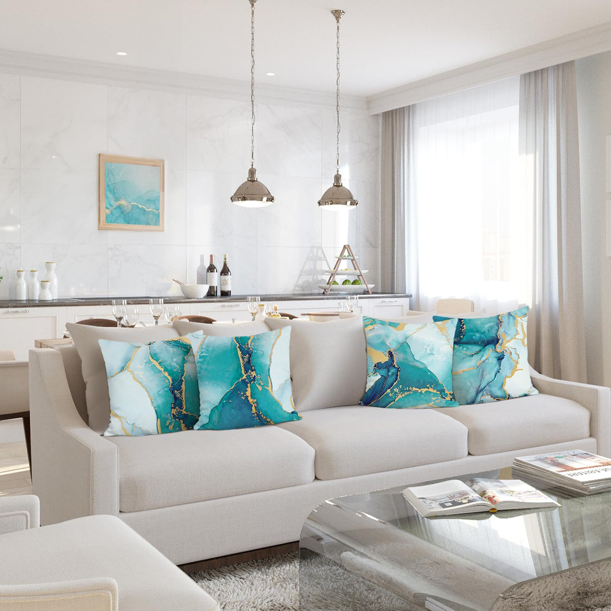 Turquoise Marble Throw Pillow Covers 18x18 Inch Set of 4 Two-Sided Teal Gold Abstract Art Modern