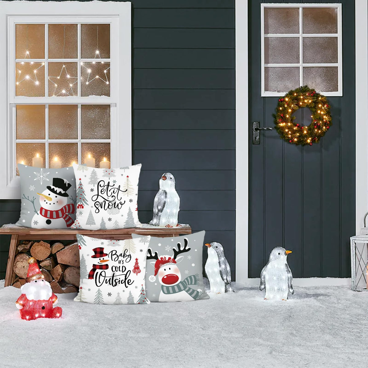 Winter Christmas Throw Pillow Covers 18x18 Inch Snowman Reindeer Xmas Trees Snowflakes Let It Snow Grey