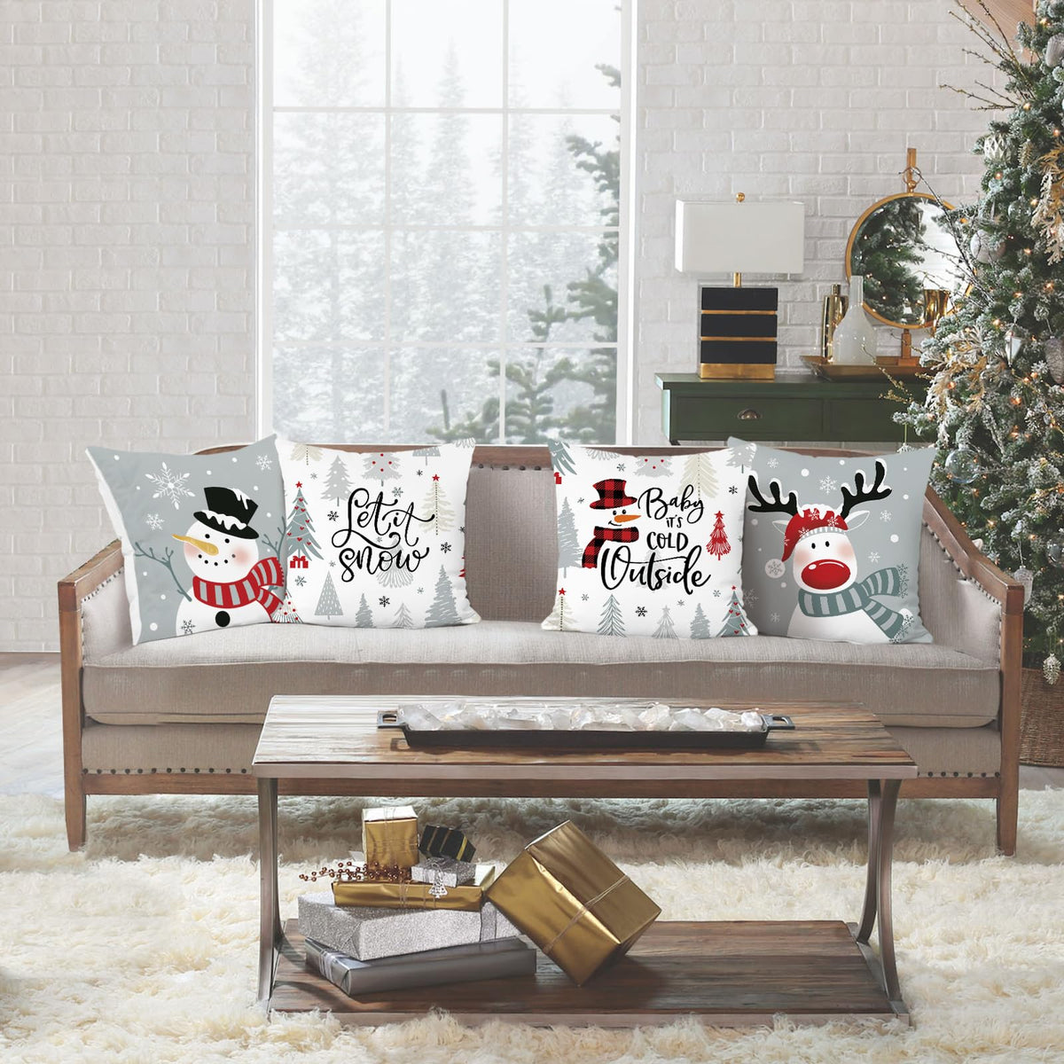 Winter Christmas Throw Pillow Covers 18x18 Inch Snowman Reindeer Xmas Trees Snowflakes Let It Snow Grey