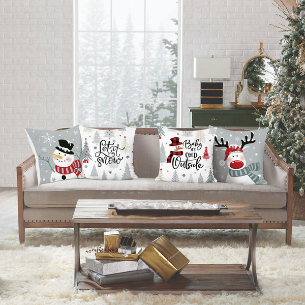 Winter Christmas Throw Pillow Covers 18x18 Inch Snowman Reindeer Xmas Trees Snowflakes Let It Snow Grey