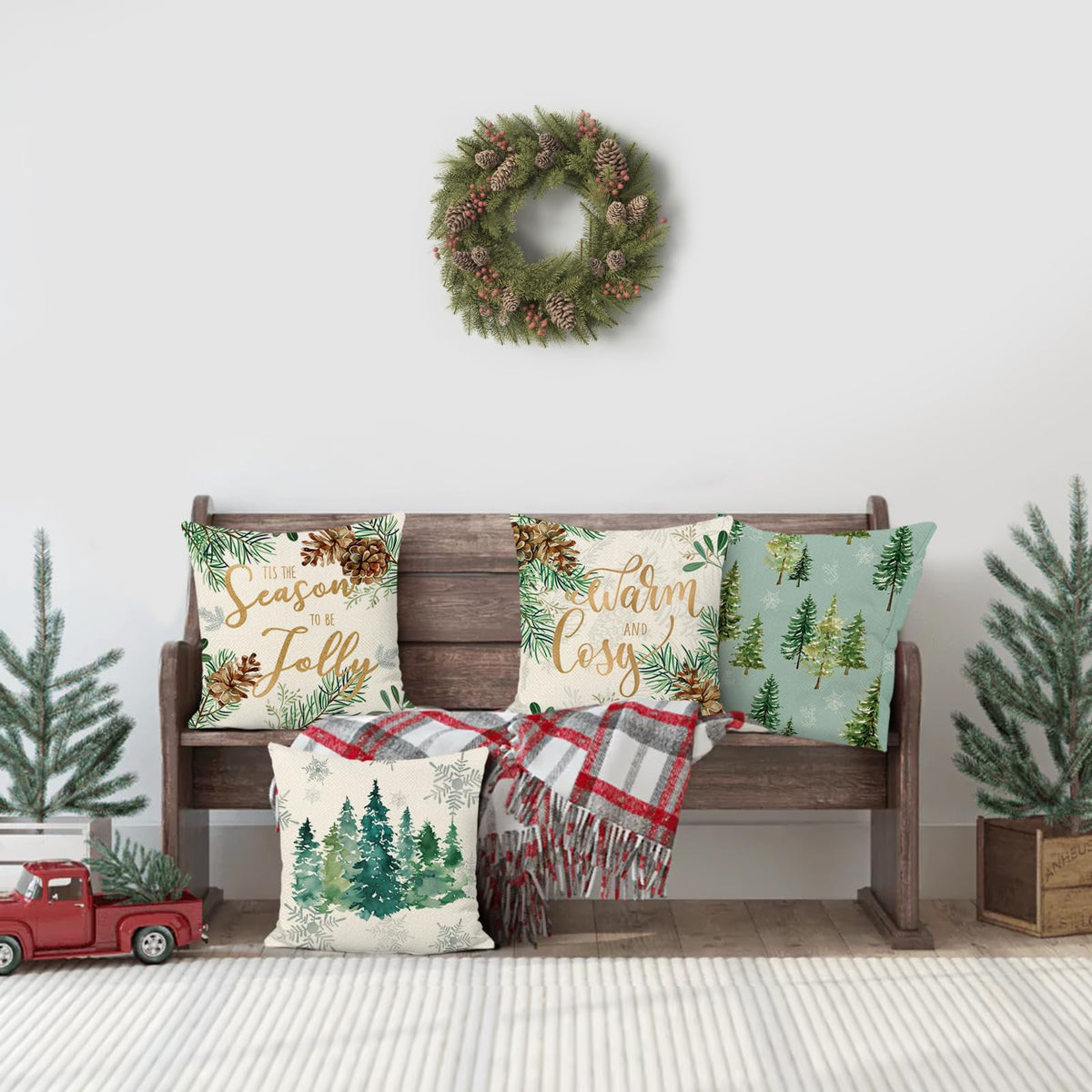 Winter Christmas Tree Throw Pillow Covers 18 x 18 Inch Pine Needles Pinecone Xmas Tree Snowflake