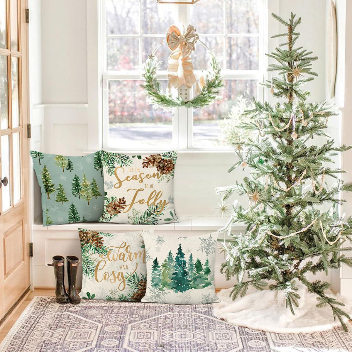 Winter Christmas Tree Throw Pillow Covers 18 x 18 Inch Pine Needles Pinecone Xmas Tree Snowflake