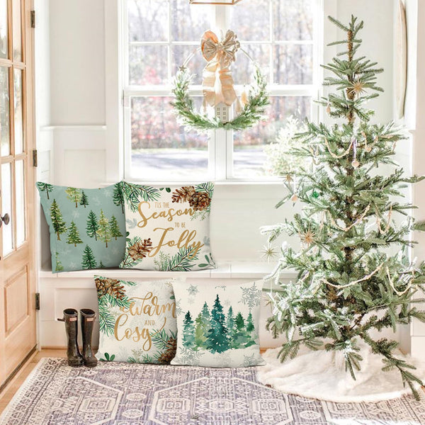 Winter Christmas Tree Throw Pillow Covers 18 x 18 Inch Pine Needles Pinecone Xmas Tree Snowflake