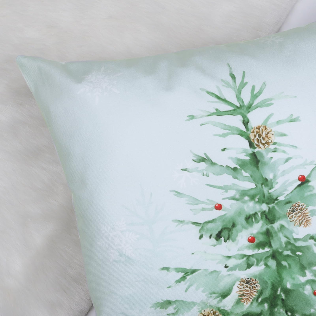 Winter Christmas Tree Throw Pillow Covers 18x18 Inch Green Snowy Pine Forest Snowflake Joy