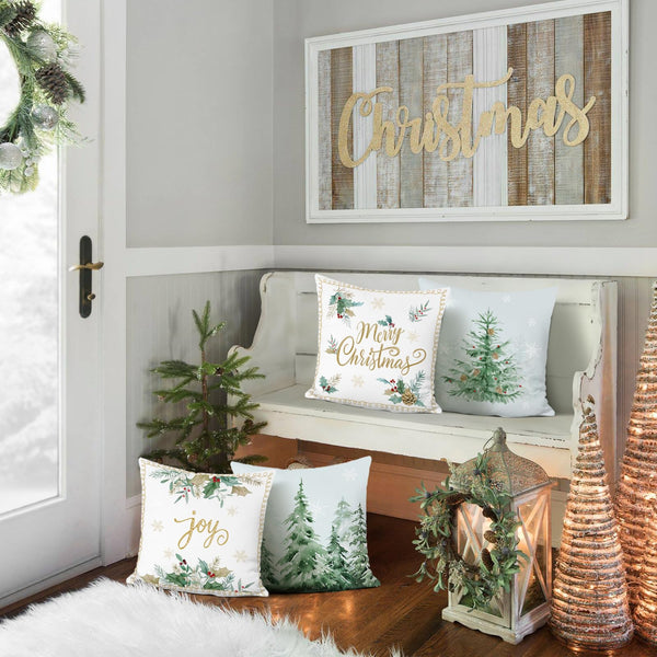 Winter Christmas Tree Throw Pillow Covers 18x18 Inch Green Snowy Pine Forest Snowflake Joy