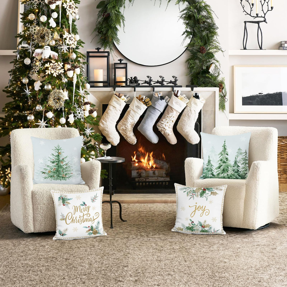Winter Christmas Tree Throw Pillow Covers 18x18 Inch Green Snowy Pine Forest Snowflake Joy
