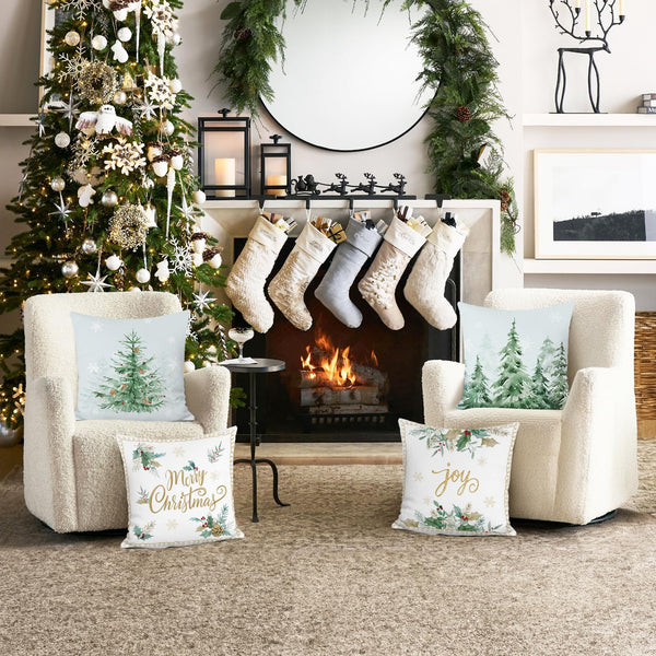 Winter Christmas Tree Throw Pillow Covers 18x18 Inch Green Snowy Pine Forest Snowflake Joy